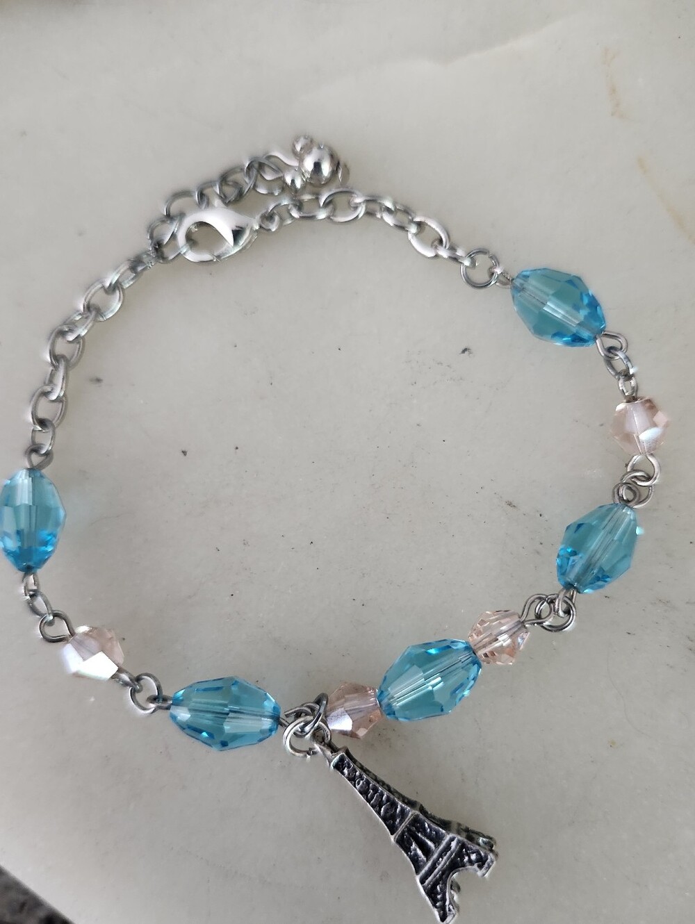 Blue and Pink Crystal Eiffel Tower Charm Bracelet - 7-9 Inches Long